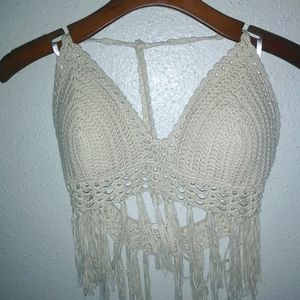 Papaya M Halter Crocheted Crop Top Fringe Beige